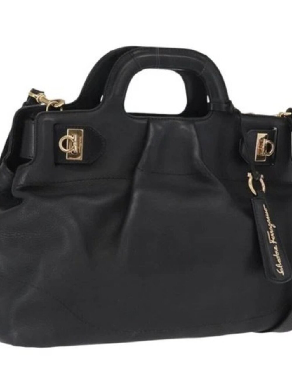 Salvatore Ferragamo Gancini Tote Bag Leather 2way Black Gold Auth 162147